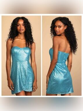 Lulu's Teal Sequin Strapless Mini Dress